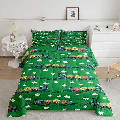 Erosebridal Locomotive Train Comforter Set King,Cartoon Steam Engine Truck Bedding Sets for Boys Girls Colorful Railway Car Vehicles Comforter with 2 Pillowcases