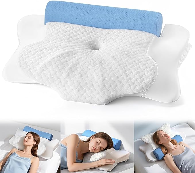Cervical Neck Pillows with Round Cervical Roll Cylinder Bolster Traction Pillow(2 in 1 Removable) Ergonomic Contour Memory Foam Pillow for Relaxer Neck&Shoulder Pain Relief for Sleepers(White&Blue)