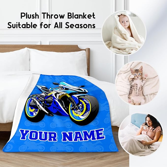 Kids Blanket for Boys, Personalized Cozy Soft Motorcycle Blanket Gifts for Kids, Cute Flannel Throw for Couch Sofa, 40x50 Inches