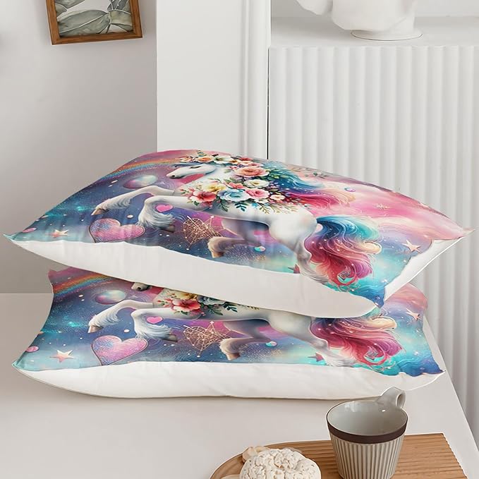 Unicorn Queen Size Bedding Set for Kids, Dreamy Unicorn with Flowers Comforter Set, Girl Room Decor with 2 Pillowcases