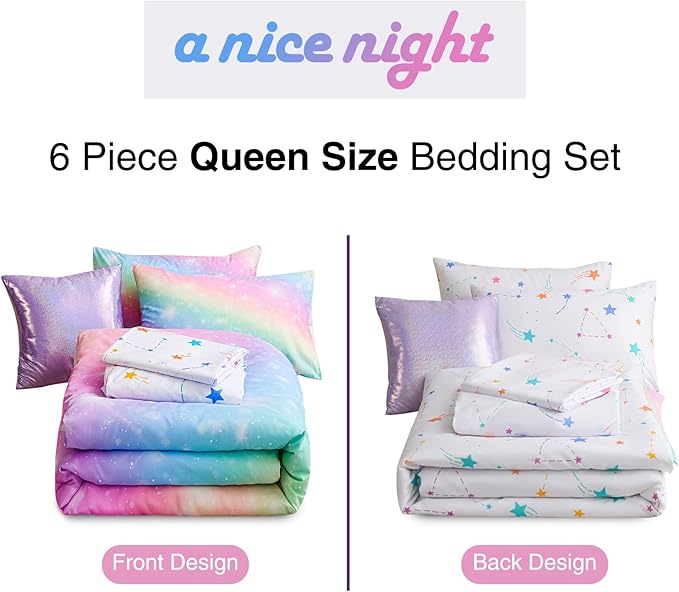 A Nice Night 6Pcs Gradient Glitter Bedding Set for Girls, Colorful Rainbow Galaxy Comforter Set, Ultra Soft Bedding Sets (Pink,Queen 6Pcs)