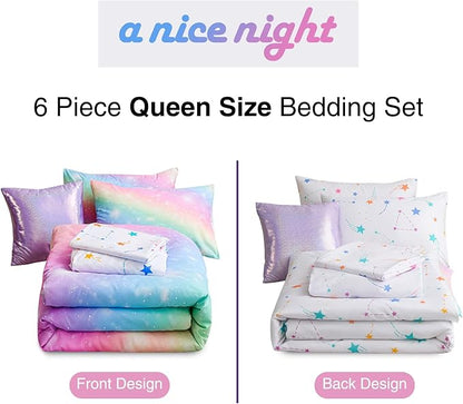 A Nice Night 6Pcs Gradient Glitter Bedding Set for Girls, Colorful Rainbow Galaxy Comforter Set, Ultra Soft Bedding Sets (Pink,Queen 6Pcs)