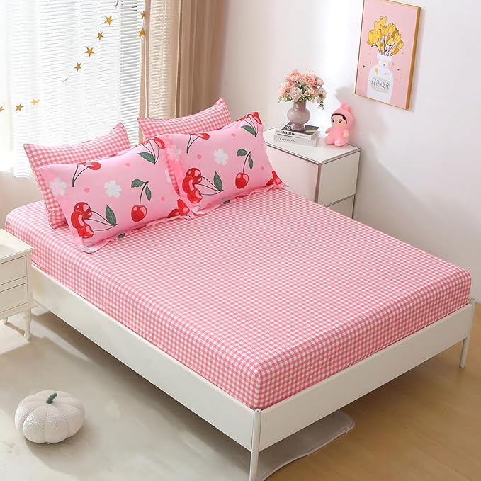 Girls Cherry Comforter Bedding Set Full Size 7 Piece Pink Kawaii Oriental Cherry Comforter Set Bed in A Bag for Kids Teens All Season (Comforter,Flat Sheet,Fitted Sheet and Pillow Sham)