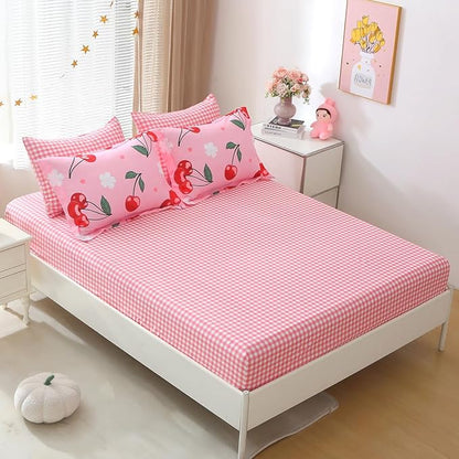Girls Cherry Comforter Bedding Set Full Size 7 Piece Pink Kawaii Oriental Cherry Comforter Set Bed in A Bag for Kids Teens All Season (Comforter,Flat Sheet,Fitted Sheet and Pillow Sham)