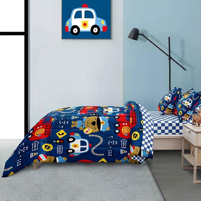 Kids Cop Car Comforter Set for Little Boys, Fire Truck Police Car Bedding Set, City Traffic Bedding Collection Include (1 Comforter, 2 Pillowcases, 1 Fitted Sheet, 1 Flat Sheet), Blue