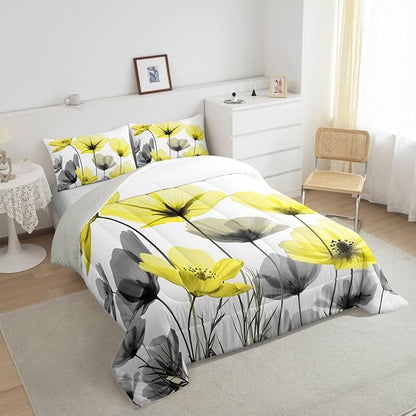 Erosebridal Yellow Boho Floral Full Bedding Set,Yellow and Gray Flower Comforter Set for Kids Girls Women,Vintage Flowers Quilt,Bohemian Wildflower Bedroom Decor with 2 Pillowcases,Breathable