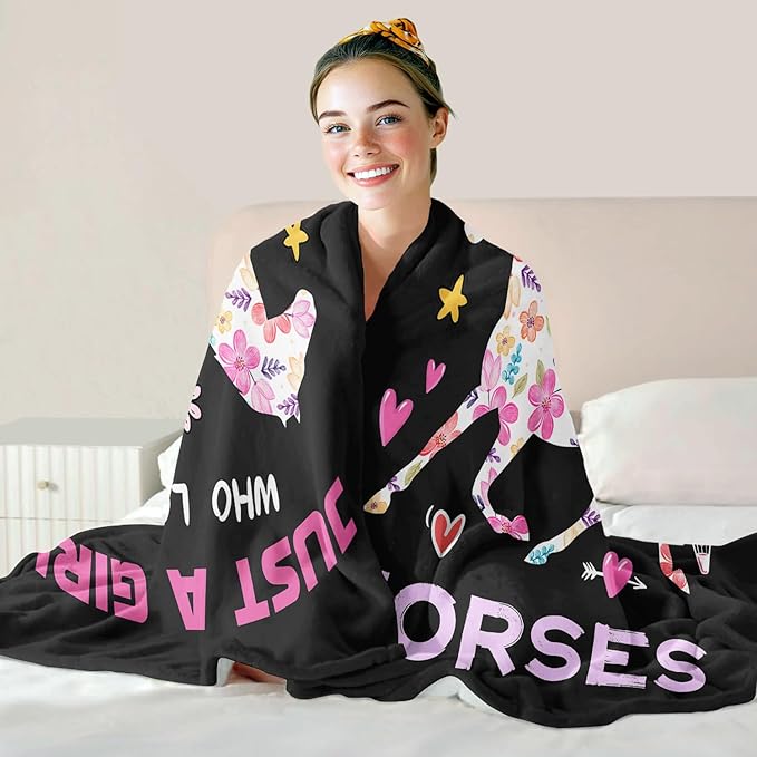 Horse Lover Blanket, Just A Girl Who Loves Horses Blanket, Soft Warm Cozy Fleece Throw, Gifts for Girls Women Kids, 40"x50", Black