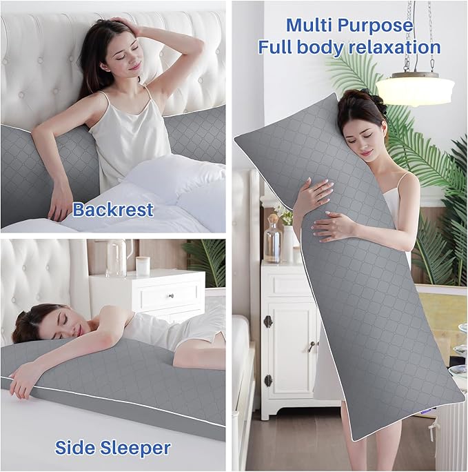 YZ HOME Long Body Pillow for Adults - Firm Body Pillow Insert with Shredded White Memory Foam, Adjustable Height, Soft Support for Side Sleeping, Pregnant Women, Washable (Grey, 20x54 Inch)