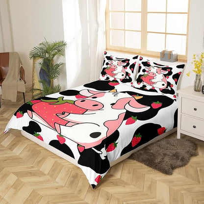 Milkshakes Cow Comforter Cover King Size, Pink Cute Cattle and Strawberry Fruit Print Duvet Cover Set with 2 Pillowcases, Milk Cow Skin Fur Pattern Kawaii Girly Style Bedding Set for Boys Teens