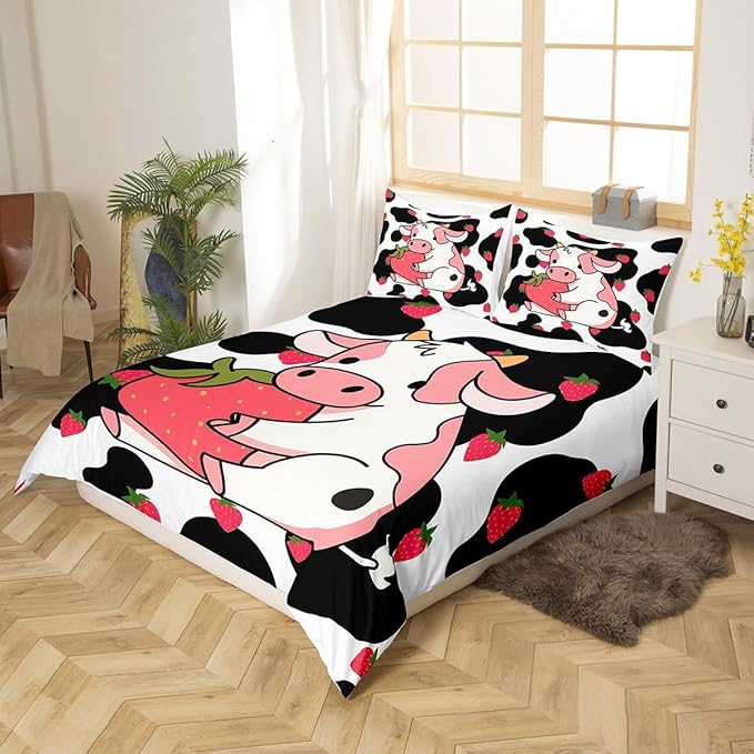 Milkshakes Cow Duvet Cover Set Twin Size, Pink Cute Cattle and Strawberry Fruit Print Comforter Cover Kawaii Girly Style for Kids Girls Room, Milk Cow Skin Fur Pattern Quilt Cover, 1 Pillowcase