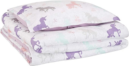 Amazon Basics Soft Easy-Wash Microfiber Kid's 2 Pieces Comforter and Pillow Sham Set, Animal Printed, Twin, Purple Unicorns