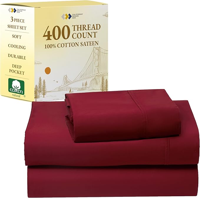 California Design Den Twin Sheets Set - Soft 400 Thread Count Sateen, Natural 100% Cotton Sheets with Deep Pockets, and Durable Bedding Set - Bright True Red