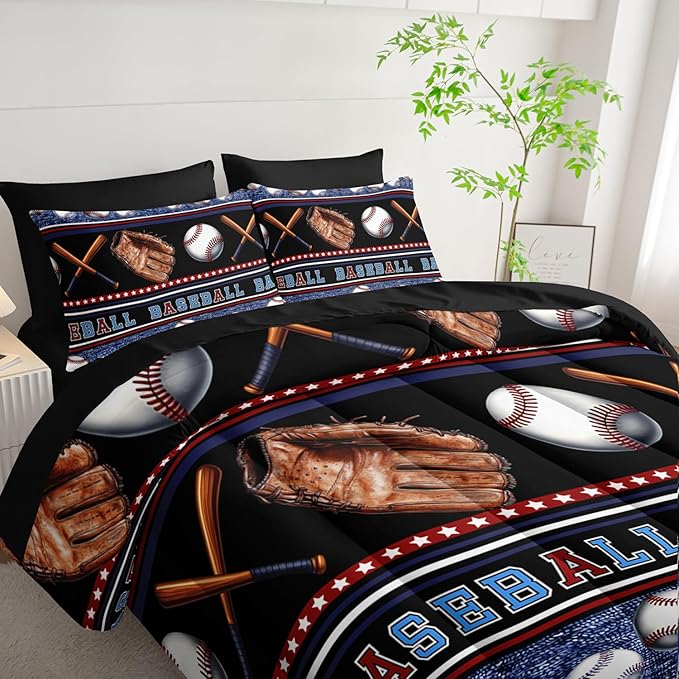 Baseball Sports Comforter 7Pcs Sneaker Baseball Gloves Bedding Set for Kid Teen Girl Boy Adult Sport Games Geometric Lines Quilt Bed Set Twin with 2 Sheets,2 Pillowcases,2 Throw Pillow Covers
