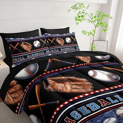 Baseball Sports Comforter 7Pcs Sneaker Baseball Gloves Bedding Set for Kid Teen Girl Boy Adult Sport Games Geometric Lines Quilt Bed Set Queen with 2 Sheets,2 Pillowcases,2 Throw Pillow Covers