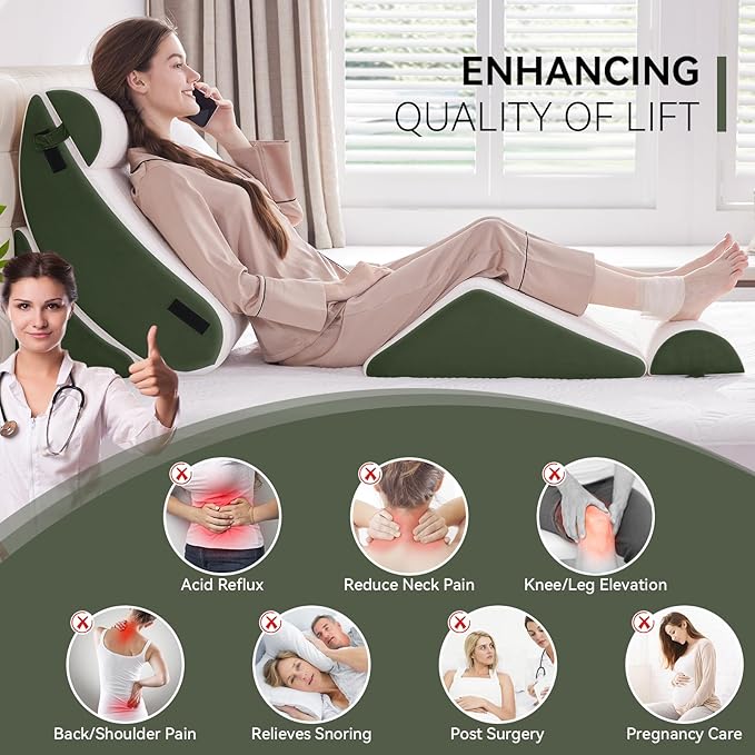 Wedge Pillow Set for After Surgery, 5 PCS Bed Wedge Pillow for Sleeping, Memory Foam Orthopedic Back Adjustable Pillow for Pain Relief and Acid Reflux with 2 PCS Axilla Pillow Green