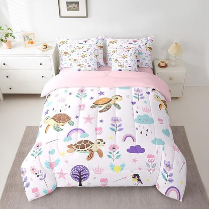 Erosebridal Floral Turtle Comforter Set King Size,Cartoon Animal Bedding Set for Kids Teens,Cute Flower (Comforter+Fitted+Flat Sheet+2 Pillowcases+2 Throw Pillow Covers) 7 Pieces Bed Set