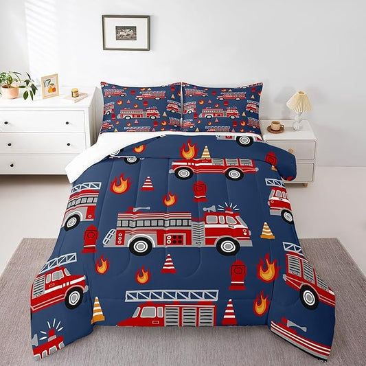 Cartoon Car Bedding Set Fire Truck Comforter Set for Kids Boys Girls Teens Room Decor Firefighter Comforter Firemen Car Vehicle Fire Engine Blue Red Duvet Set 2Pcs Twin Size With 1 Pillow Case