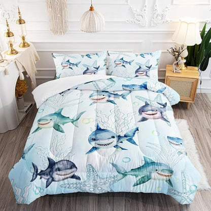 Boys Blue Ocean Shark Comforter Set Full Size Shark Starfish Bedding Sets Seaweed Quilt Bed Set for Kid Girls with 1 Comforter and 2 Pillowcases