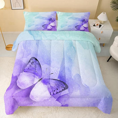 QOOMO Butterfly Comforter Twin Size,Watercolor Butterfly Kids Bedding Set,3Pcs Bedding Set Printed Comforter with 2 Pillowcases,Down Alternative,Soft and Lightweight,for All Seasons