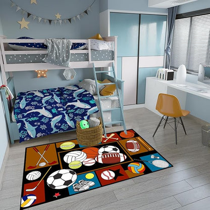 Sports Rugs for Boys Bedroom - Basketball Rug for Boys Bedroom Kids Carpet Sports Theme Basketball, Soccer, Baseball Carpet for Living Room Floor Mat Welcome Mat, 4.5x6 Feet