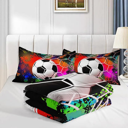 Colorful Soccer Themed Comforter 3Pcs Queen Gaming Football Net Bedding Set for Kid Teen Girl Boy Adult Ball Sports Games Graffiti Football Quilt Room Decor with 1 Comforter and 2 Pillowcases