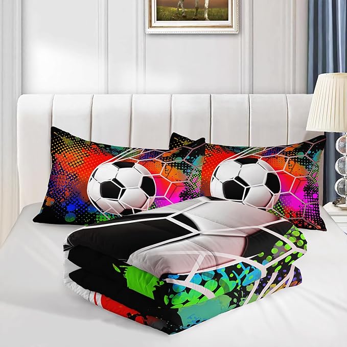 Colorful Soccer Themed Comforter 3Pcs Full Gaming Football Net Bedding Set for Kid Teen Girl Boy Adult Ball Sports Games Graffiti Football Quilt Room Decor with 1 Comforter and 2 Pillowcases
