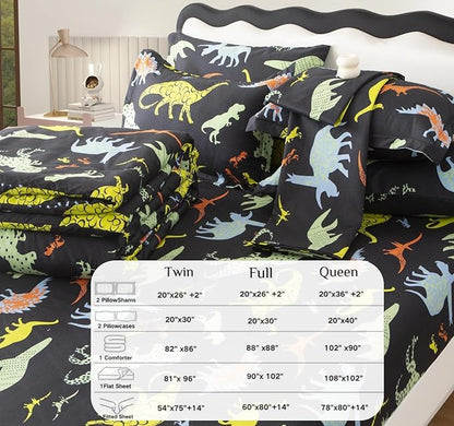 SDY 7PCS Dinosaur Comforter Set Full Size Cute Printed Comforter Sets Bed in a Bag for Toddler,Girls Boys and Kids,Dinosaur Bedding with 1Comforter, FlatSheet, FittedSheet and Pillowcases & Shams