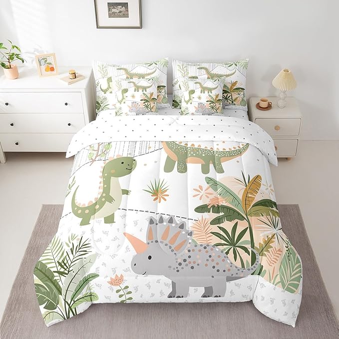 Feelyou Kids Cute Dinosaur 7 Piece Bedding Set Full Size Cartoon Green Dinosaur Comforter Set with Sheets for Boys Girls Teens Cute Animal Bed in a Bag Coconut Plant Bed Set