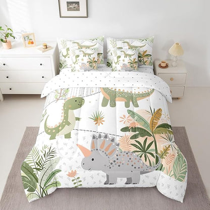Feelyou Kids Cute Dinosaur 7 Piece Bedding Set Full Size Cartoon Green Dinosaur Comforter Set with Sheets for Boys Girls Teens Cute Animal Bed in a Bag Coconut Plant Bed Set