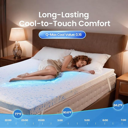 OhGeni Medium Feel Queen Size Cooling Gel Memory Foam Mattress Topper Pad, Washable Bed Cover with Anti-Slip Base &Zipper,Fits 6"-19" Mattresses with Straps,Extra Comfort for Sleep & Back Pain Relief