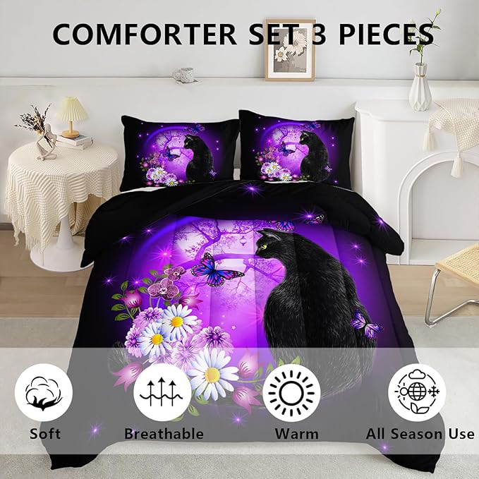 Axolotl Black Cartoon Cat Bedding Comforter Set King,Cute Cat Bedding for Kids,Daisy Butterflies Print Kids Bedding for Boys Girls Adults,Animal Flowers Comforter Set All Season,1 Quilt 2 Pillow Cases