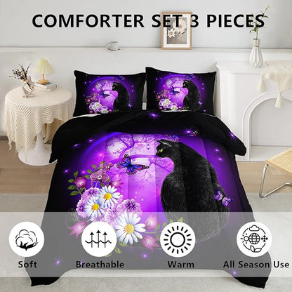 Axolotl Black Cartoon Cat Bedding Comforter Set King,Cute Cat Bedding for Kids,Daisy Butterflies Print Kids Bedding for Boys Girls Adults,Animal Flowers Comforter Set All Season,1 Quilt 2 Pillow Cases