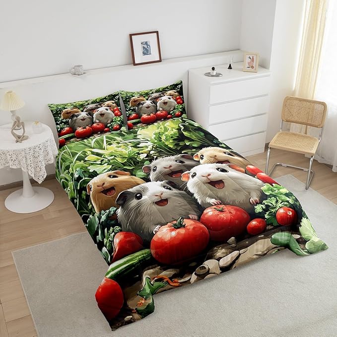 Funny Guinea Pig Bedding Set Full Size Cute Jungle Animal Comforter Set for Kids Teens Room Decor 3D Fresh Vegetables Duvet Insert Nature Green Botanical Down Comforter Set,3Pcs