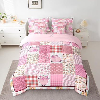 Feelyou Pink Pig 7 Piece Bedding Set for Girls & Boys,Queen Size Cartoon Cute Pig Bed in a Bag,Geometric Comforter Set with Sheets