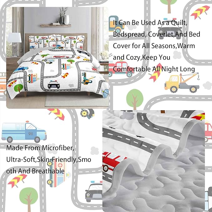 AILONEN Boys Kids Cartoon Truck Quilt Set Full Size, Soft Microfiber,Construction Trucks Bedspread Coverlet 3Pcs,Car Road Pattern Bed Cover,2 Pillowcases