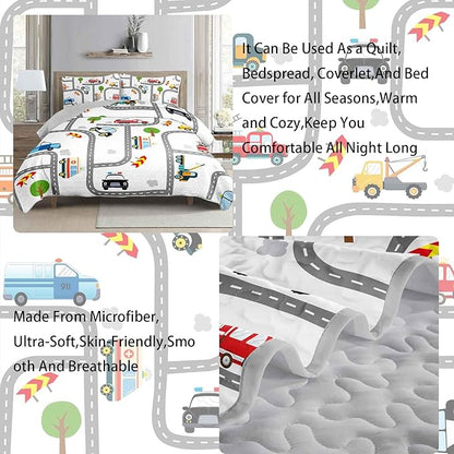 AILONEN Boys Kids Cartoon Truck Quilt Set Twin Size, Soft Microfiber,Construction Trucks Bedspread Coverlet 3Pcs,Car Road Pattern Bed Cover,2 Pillowcases