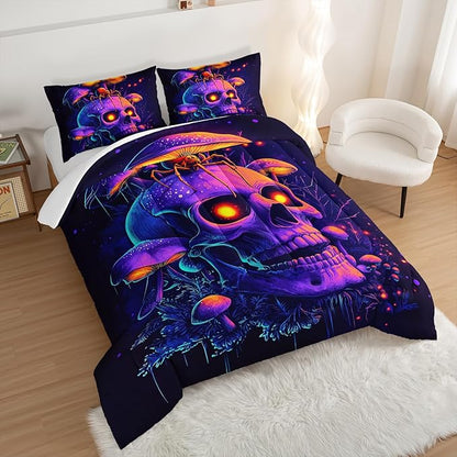 Death Skull Comforter Set King Size,Gothic Bedding Spider Mushroom Printed Comforter Set for Kids Teens Boys Room Decor,Spooky Horror Themed Bedding Sets with 2 Pillowcases.