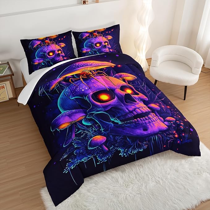 Death Skull Comforter Set Queen Size,Gothic Bedding Spider Mushroom Printed Comforter Set for Kids Teens Boys Room Decor,Spooky Horror Themed Bedding Sets with 2 Pillowcases.