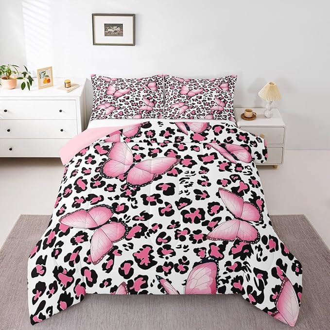 Leopard Print Comforter Set Full,Pink Butterfly Bedding Set 3pcs for Kids Teens Boy Girl Room Decor,Wild Animals Theme Quilt Set Cheetah Fur Duvet Insert with 2 Pillowcases