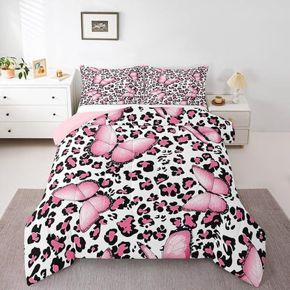 Pink Leopard Comforter Set King Size,Romantic Butterfly Bedding Set 3pcs for Kids Teens Boy Girl Room Decor,Wild Animals Theme Quilt Set Cheetah Fur Duvet Insert with 2 Pillowcases