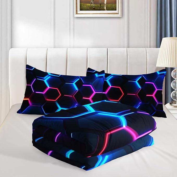 Hexagon Geometric Comforter Set Honeycomb Bedding Sets,Blue Neon Gamer Comforter Sets for Boys Men Kids Room Decor,Queen Size Bedding Comforter Sets with 2 Pillowcases.
