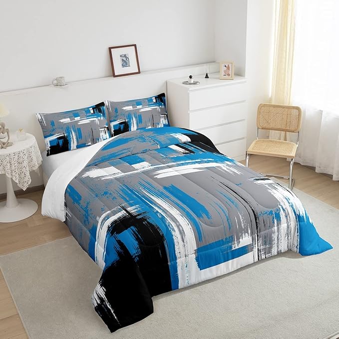 Feelyou Abstract Bedding Set Kids Modern Abstract Art Comforter Set Blue Grey Black Comforter for Boys Room Decor Lightweight Retro Duvet Set Toddler Size with 1 Pillow Case