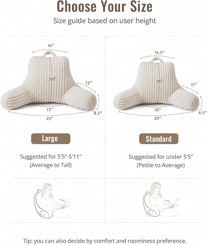 Blissful Diary Reading Pillow for Sitting in Bed, Large Flannel Back Pillow Bed Sitting Up for Adult & Children, Backrest Cushion for Sit Up in Couch or Floor, Dorm Essentials, Cream White