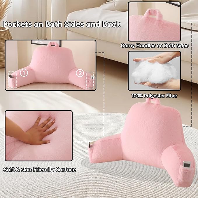 Reading Pillow for Sitting in Bed, Large Backrest Reading Pillow with Arm Rest,Back-Rest Support Cushion for Sit Up on Couch, Sofa, and Floor, Dorm Essentials (Pink Faux Fur, Standard(17"))