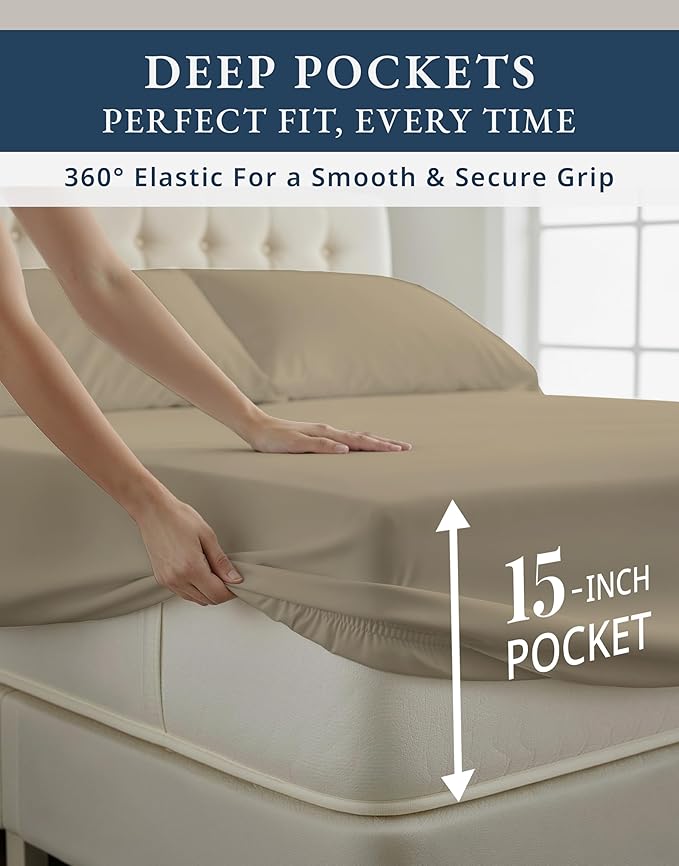 LANE LINEN 100% Egyptian Cotton Split King Sheets for Adjustable Beds, 15 inch Extra Deep Pocket Split King Sheets, Naturally Temperature Regulating Cooling NO Pill Fade Resistant - Linen