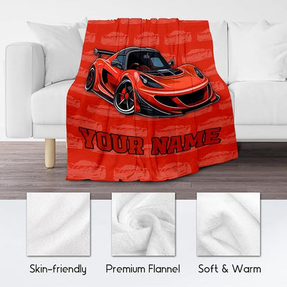 Personalized Racing Car Blanket, Cozy Soft Throw Gifts for Kids, Cute Red Flannel Throw Blankets for Couch Sofa, 40x50 Inches