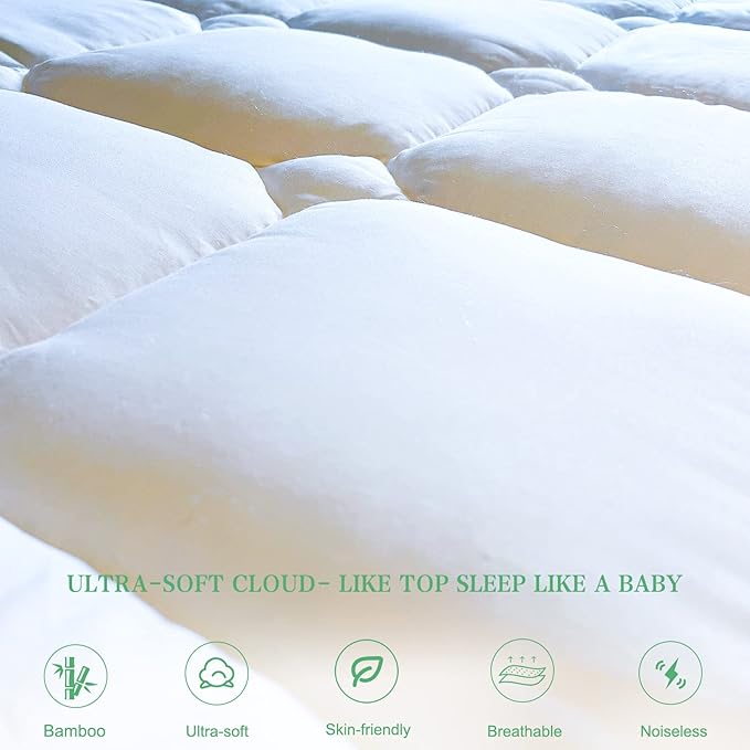 UNILIBRA King Size Mattress Pad Cooling Rayon from Bamboo, Quilted Fitted Mattress Protector Pillow Top Mattress Cover with Deep Pocket Up to 21 Inches, Ultra Soft Filling Mattress Topper