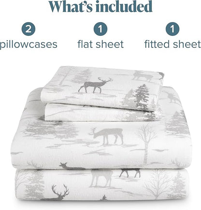 Bare Home Flannel Sheet Set Prints, 100% Cotton, Velvety Soft Heavyweight - Double Brushed Flannel for Extra Softness & Comfort - Deep Pocket - Bed Sheets (King, Elk)