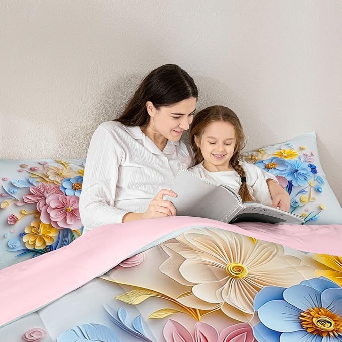 Erosebridal Vintage Floral Full Bedding Set,Pink and Blue Flower Comforter Set for Girls Kids Teen,Boho Flowers Wildflower Quilt,Country Cottage Core Bedroom Decor with 2 Pillowcases,Ultra Soft