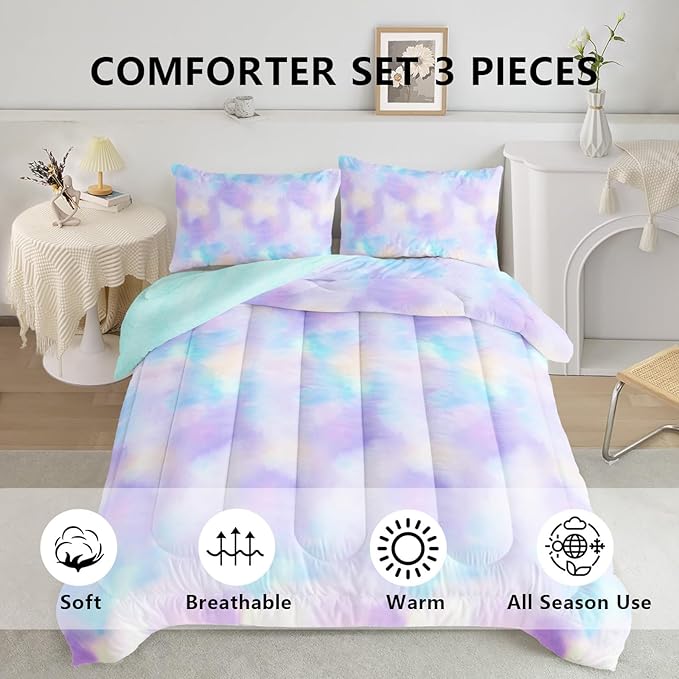 Axolotl Tie Dye Bedding Set King,Pink Blue Purple Cloud Comforter Set,Colorful Gradient Bedding,Tie Dye Pastel Comforter for Adults,Rainbow Gradient Clouds Bed for Women,1 Quilt 2 Pillowcases